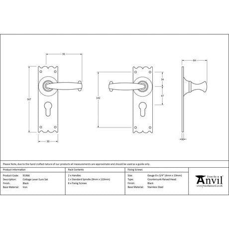 This is an image showing From The Anvil - Black Cottage Lever Euro Lock Set available from trade door handles, quick delivery and discounted prices