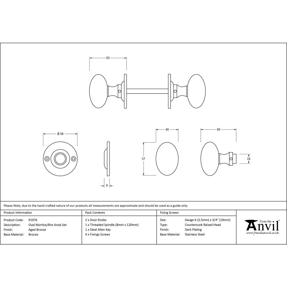 This is an image showing From The Anvil - Aged Bronze Oval Mortice/Rim Knob Set available from trade door handles, quick delivery and discounted prices