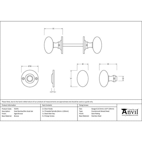 This is an image showing From The Anvil - Aged Bronze Oval Mortice/Rim Knob Set available from trade door handles, quick delivery and discounted prices