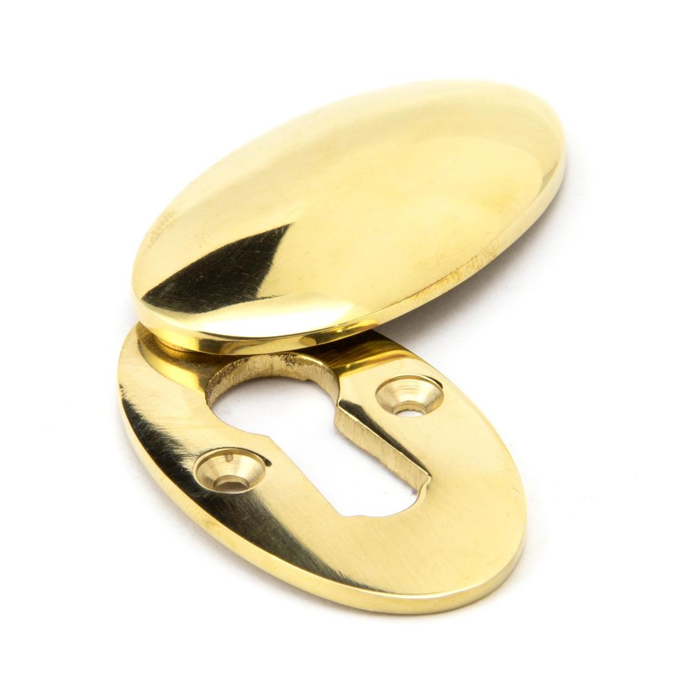 This is an image showing From The Anvil - Polished Brass Oval Escutcheon & Cover available from trade door handles, quick delivery and discounted prices