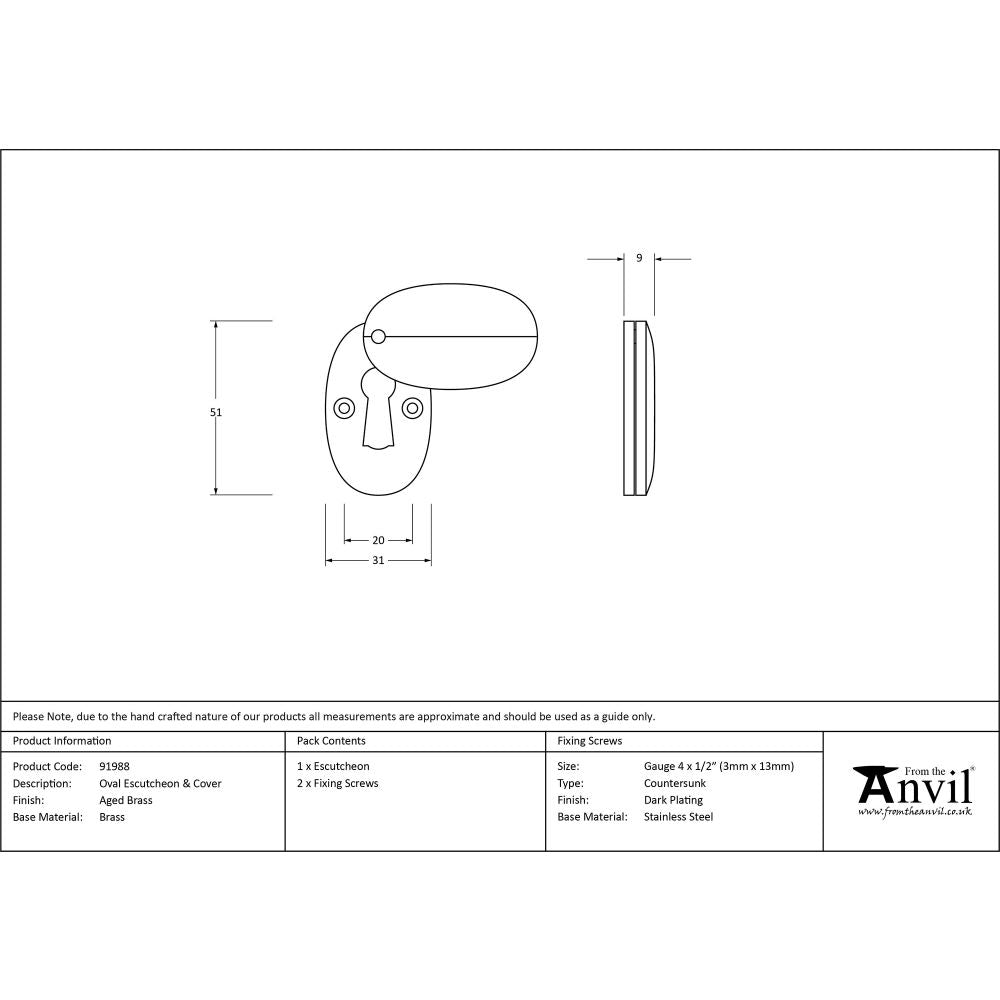 This is an image showing From The Anvil - Aged Brass Oval Escutcheon & Cover available from trade door handles, quick delivery and discounted prices