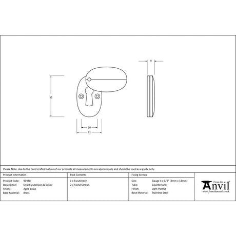 This is an image showing From The Anvil - Aged Brass Oval Escutcheon & Cover available from trade door handles, quick delivery and discounted prices