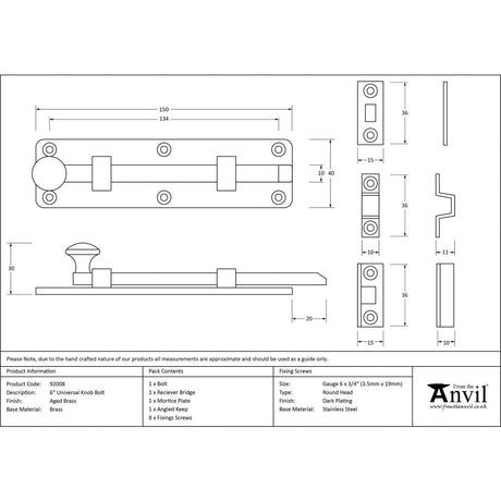 This is an image showing From The Anvil - Aged Brass 6" Universal Bolt available from trade door handles, quick delivery and discounted prices