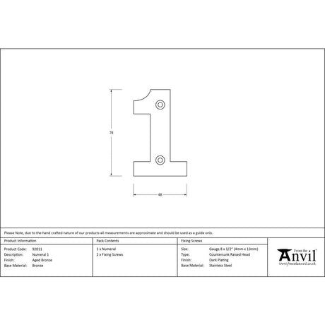This is an image showing From The Anvil - Aged Bronze Numeral 1 available from trade door handles, quick delivery and discounted prices