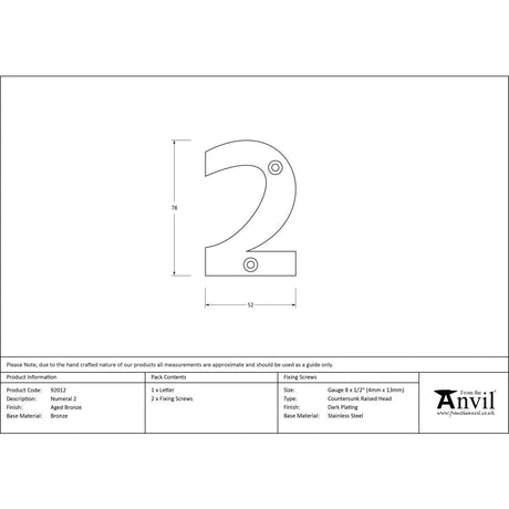 This is an image showing From The Anvil - Aged Bronze Numeral 2 available from trade door handles, quick delivery and discounted prices