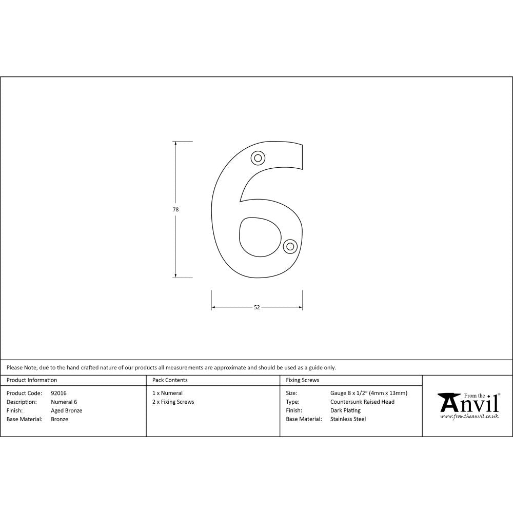 This is an image showing From The Anvil - Aged Bronze Numeral 6 available from trade door handles, quick delivery and discounted prices