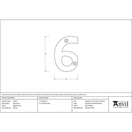 This is an image showing From The Anvil - Aged Bronze Numeral 6 available from trade door handles, quick delivery and discounted prices