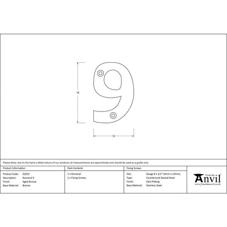 This is an image showing From The Anvil - Aged Bronze Numeral 9 available from trade door handles, quick delivery and discounted prices