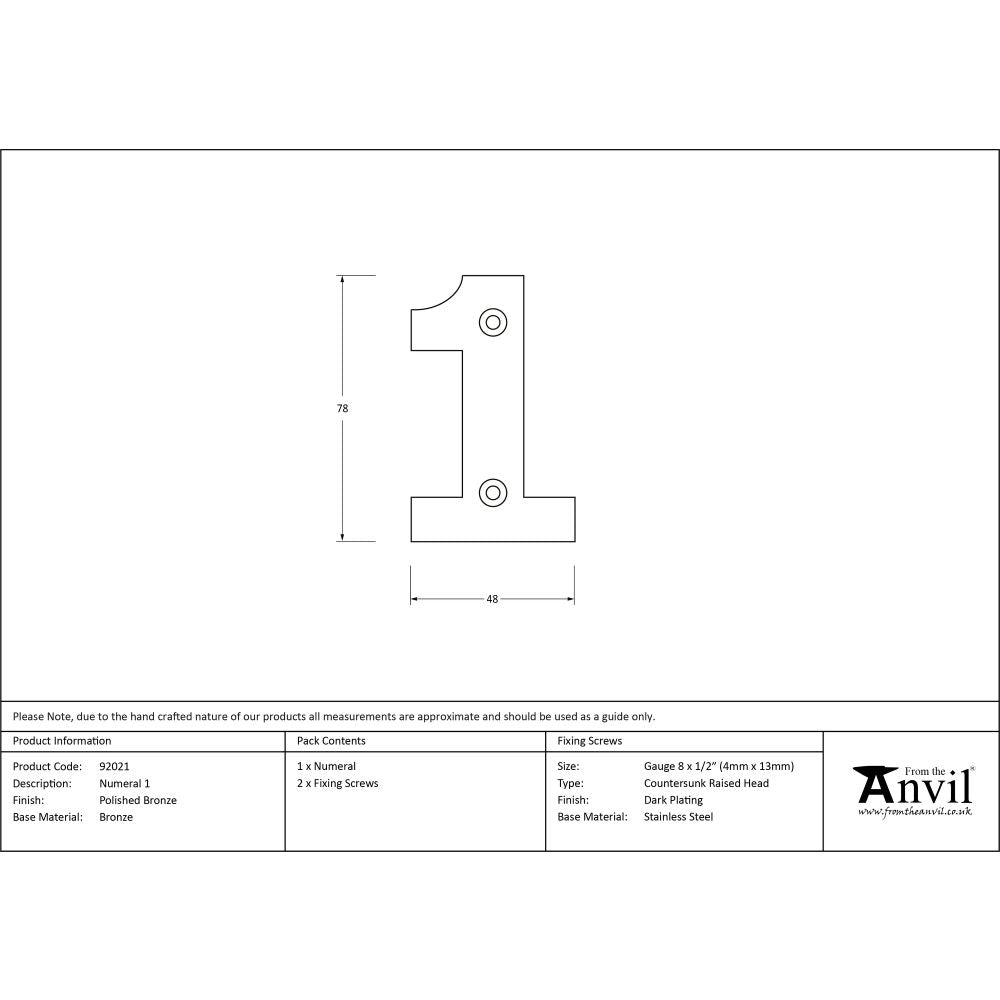 This is an image showing From The Anvil - Polished Bronze Numeral 1 available from trade door handles, quick delivery and discounted prices