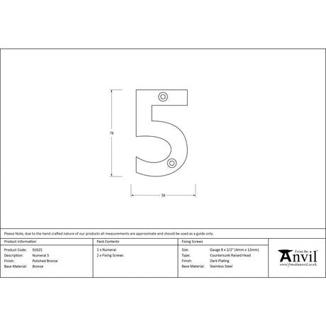This is an image showing From The Anvil - Polished Bronze Numeral 5 available from trade door handles, quick delivery and discounted prices