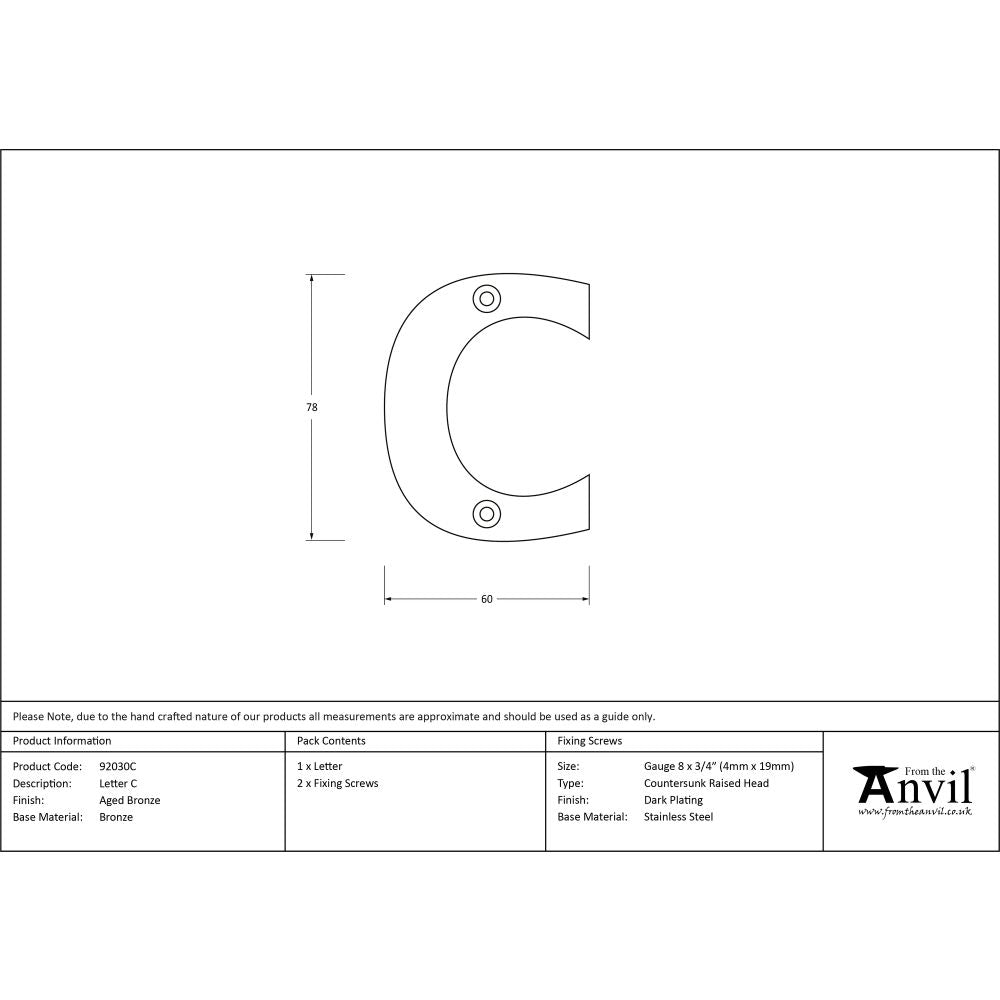 This is an image showing From The Anvil - Aged Bronze Letter C available from trade door handles, quick delivery and discounted prices