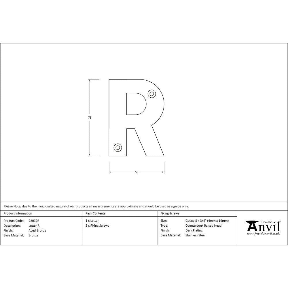 This is an image showing From The Anvil - Aged Bronze Letter R available from trade door handles, quick delivery and discounted prices