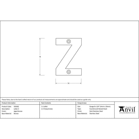 This is an image showing From The Anvil - Aged Bronze Letter Z available from trade door handles, quick delivery and discounted prices