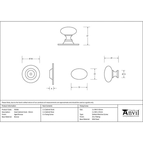 This is an image showing From The Anvil - Aged Bronze Oval Cabinet Knob 33mm available from trade door handles, quick delivery and discounted prices