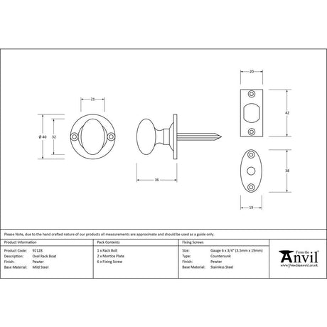 This is an image showing From The Anvil - Pewter Oval Rack Bolt available from T.H Wiggans Architectural Ironmongery in Kendal, quick delivery and discounted prices