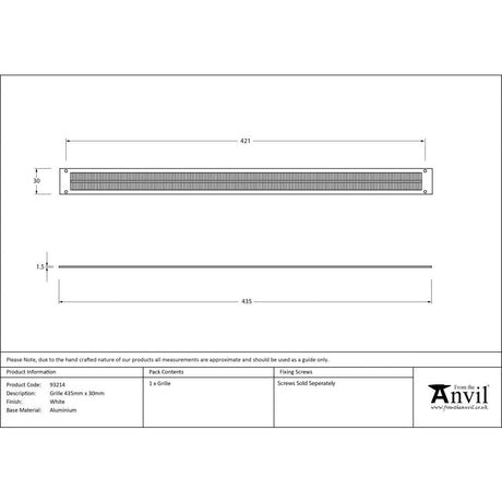 This is an image showing From The Anvil - White Grille 435mm x 30mm available from T.H Wiggans Architectural Ironmongery in Kendal, quick delivery and discounted prices