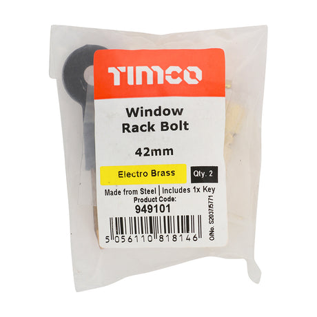 This is an image showing TIMCO Window Rack Bolts - Electro Brass - 42mm - 2 Pieces Bag available from T.H Wiggans Ironmongery in Kendal, quick delivery at discounted prices.