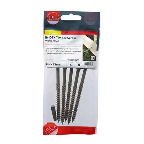 This is an image showing TIMCO Timber Screws - TX - Wafer - Exterior - Green - 6.7 x 95 - 6 Pieces TIMpac available from T.H Wiggans Ironmongery in Kendal, quick delivery at discounted prices.