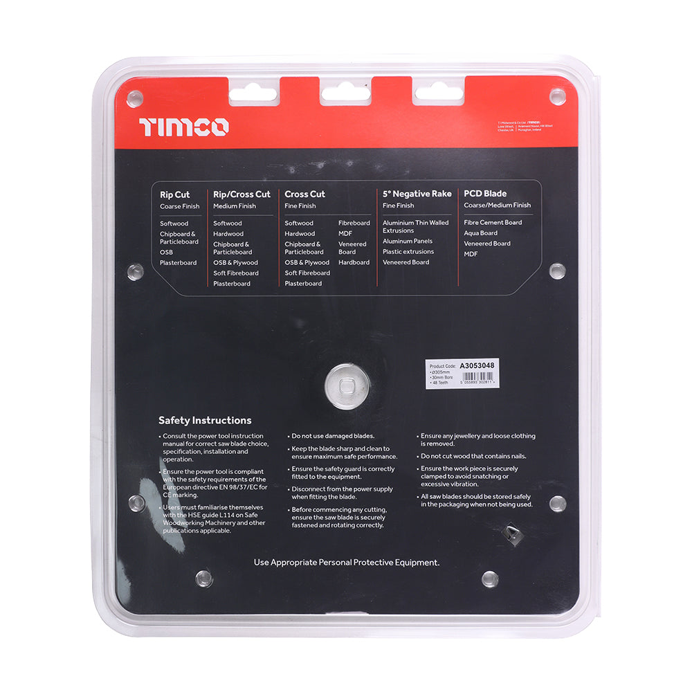 This is an image showing TIMCO -5° Circular Saw Blade - 305 x 30 x 48T - 1 Each Clamshell available from T.H Wiggans Ironmongery in Kendal, quick delivery at discounted prices.