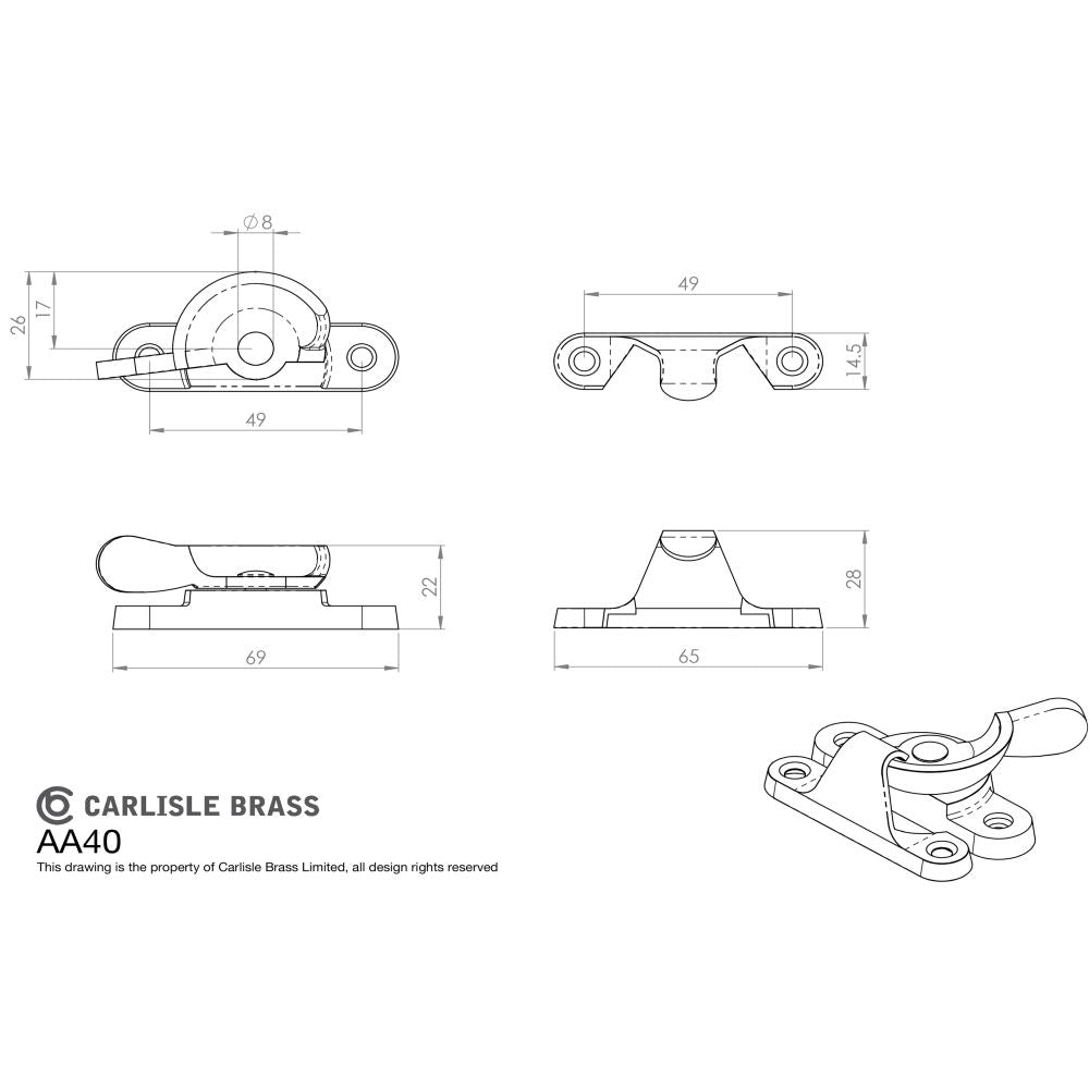 This image is a line drwaing of a Carlisle Brass - Fitch Pattern Sash Fastener - Polished Chrome available to order from T.H Wiggans Architectural Ironmongery in Kendal in Kendal