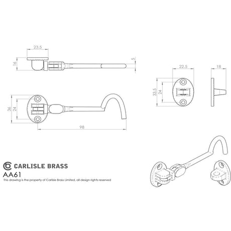 This image is a line drwaing of a Carlisle Brass - Silent Pattern Cabin Hook 97mm - Polished Chrome available to order from Trade Door Handles in Kendal