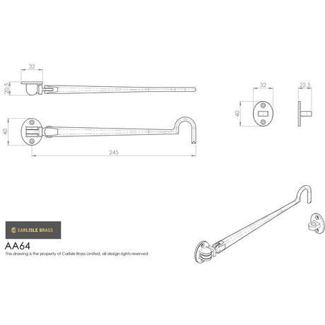 This image is a line drwaing of a Carlisle Brass - Silent Pattern Cabin Hook 245mm - Polished Chrome available to order from Trade Door Handles in Kendal