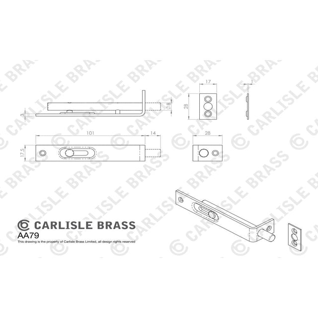 This image is a line drwaing of a Carlisle Brass - Sunk Slide Flush Bolt - Satin Chrome available to order from T.H Wiggans Architectural Ironmongery in Kendal in Kendal