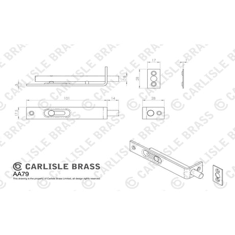 This image is a line drwaing of a Carlisle Brass - Sunk Slide Flush Bolt - Polished Brass available to order from Trade Door Handles in Kendal