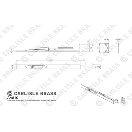 This image is a line drwaing of a Carlisle Brass - Lever Action Flush Bolt 254mm - Polished Chrome available to order from Trade Door Handles in Kendal