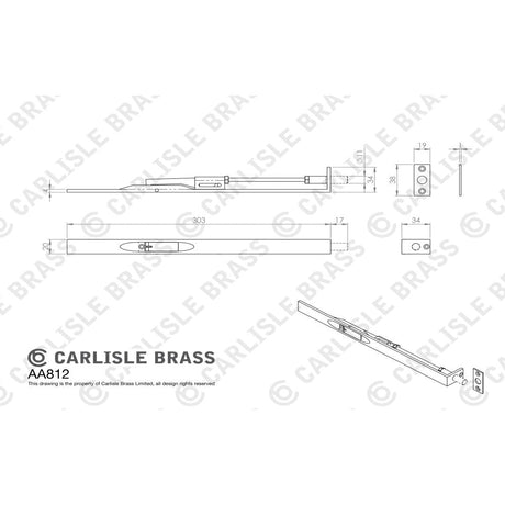 This image is a line drwaing of a Carlisle Brass - Lever Action Flush Bolt 305mm - Polished Brass available to order from T.H Wiggans Architectural Ironmongery in Kendal in Kendal
