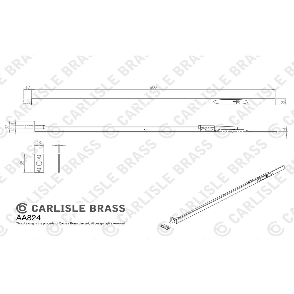 This image is a line drwaing of a Carlisle Brass - Lever Action Flush Bolt 609mm - Polished Chrome available to order from Trade Door Handles in Kendal