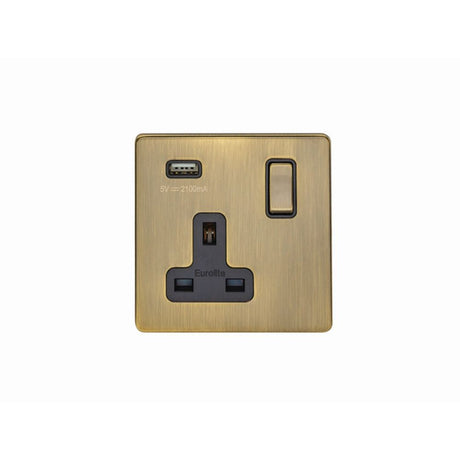 This is an image showing Eurolite Concealed 3mm 1 Gang USB Socket - Antique Brass (With Black Trim) ab1usbb available to order from T.H. Wiggans Ironmongery in Kendal, quick delivery and discounted prices.