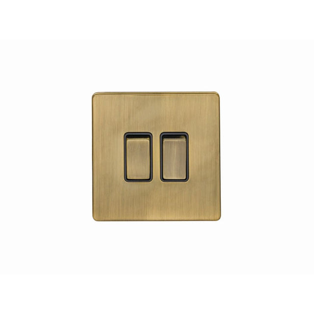This is an image showing Eurolite Concealed 3mm 2 Gang Switch - Antique Brass (With Black Trim) ab2swb available to order from T.H. Wiggans Ironmongery in Kendal, quick delivery and discounted prices.
