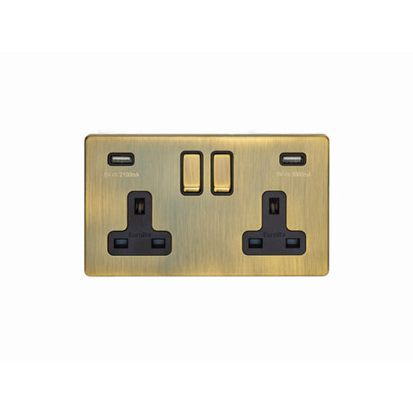 This is an image showing Eurolite Concealed 3mm 2 Gang USB Socket - Antique Brass (With Black Trim) ab2usbb available to order from T.H. Wiggans Ironmongery in Kendal, quick delivery and discounted prices.