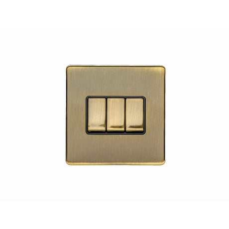 This is an image showing Eurolite Concealed 3mm 3 Gang Switch - Antique Brass (With Black Trim) ab3swb available to order from T.H. Wiggans Ironmongery in Kendal, quick delivery and discounted prices.