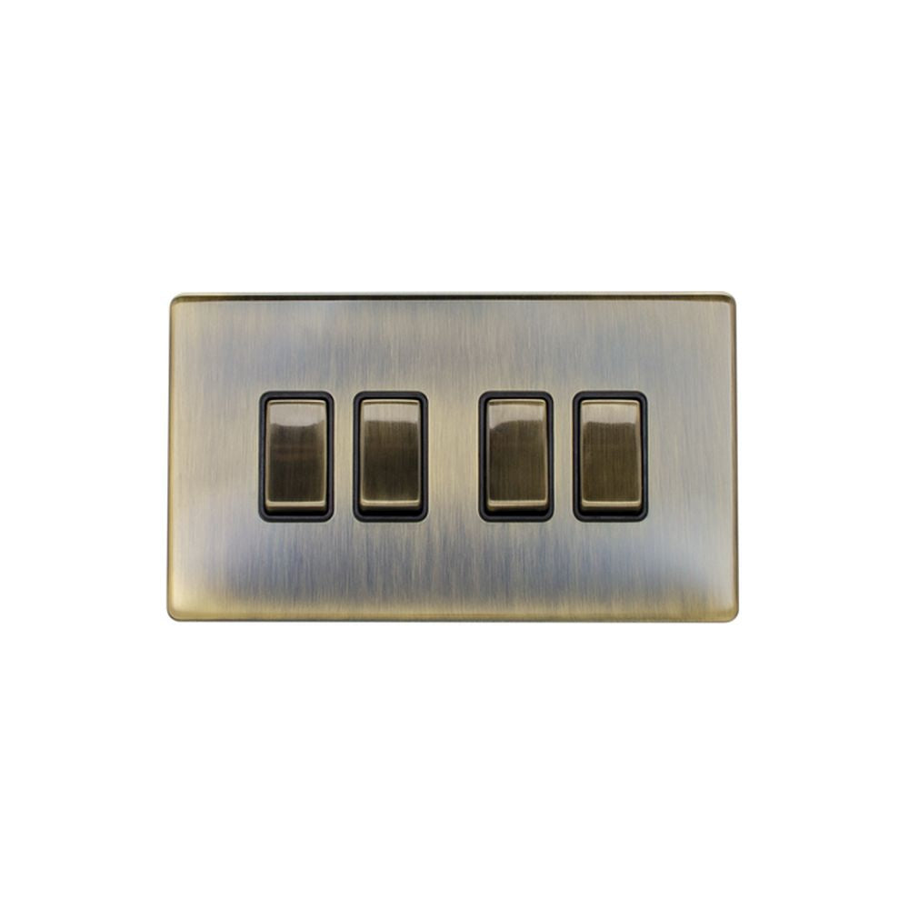 This is an image showing Eurolite Concealed 3mm 4 Gang Switch - Antique Brass (With Black Trim) ab4swb available to order from T.H. Wiggans Ironmongery in Kendal, quick delivery and discounted prices.