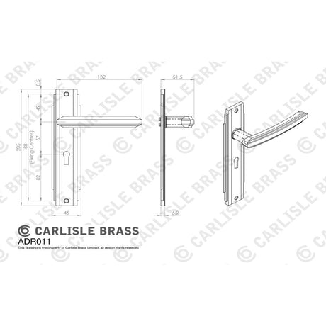 This image is a line drwaing of a Carlisle Brass - Art Deco Lever on Lock Backplate - Satin Nickel available to order from Trade Door Handles in Kendal