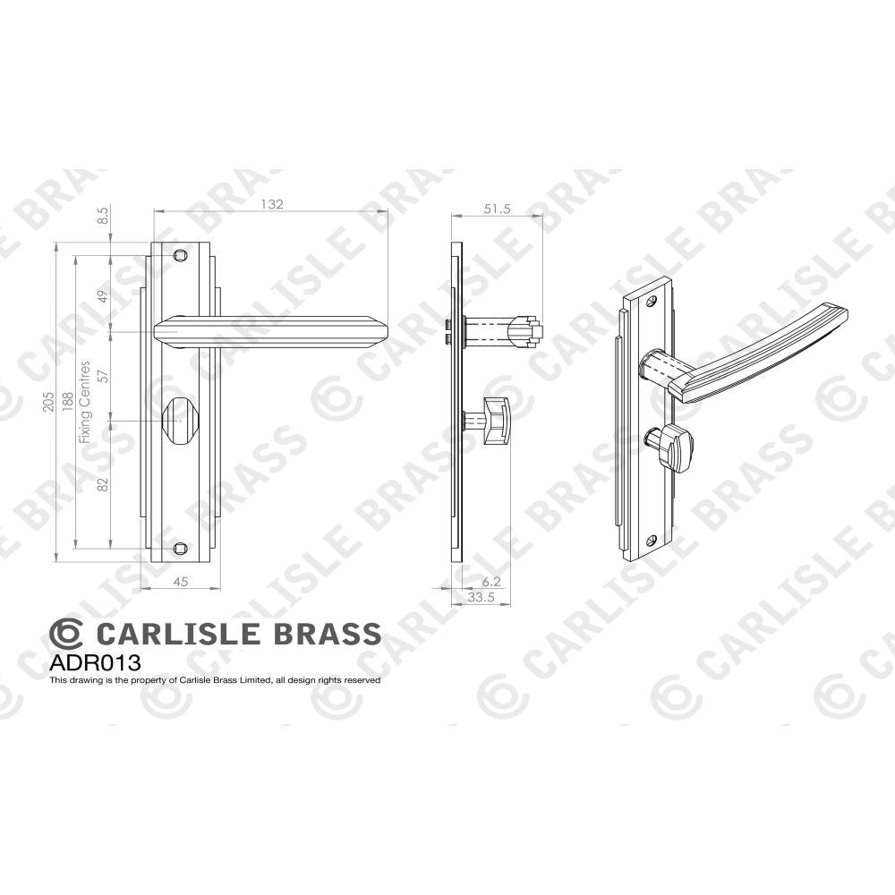 This image is a line drwaing of a Carlisle Brass - Art Deco Lever on WC Backplate - Satin Nickel available to order from Trade Door Handles in Kendal