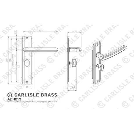 This image is a line drwaing of a Carlisle Brass - Art Deco Lever on WC Backplate - Satin Nickel available to order from Trade Door Handles in Kendal