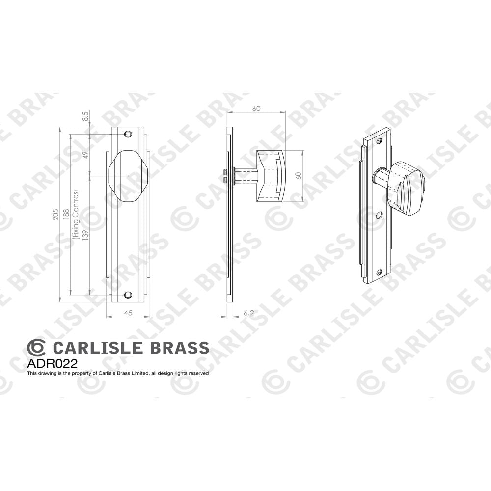 This image is a line drwaing of a Carlisle Brass - Art Deco Knob on Latch Backplate - Satin Nickel available to order from Trade Door Handles in Kendal