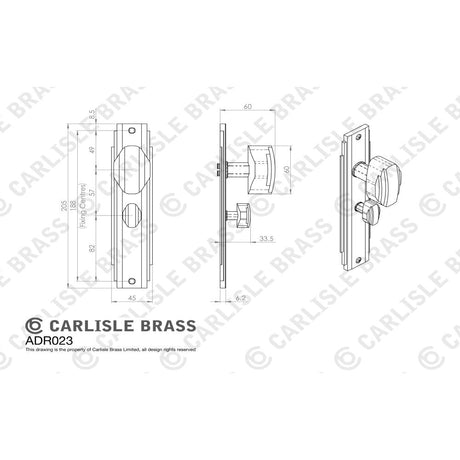 This image is a line drwaing of a Carlisle Brass - Art Deco Knob on WC Backplate - Satin Nickel available to order from Trade Door Handles in Kendal