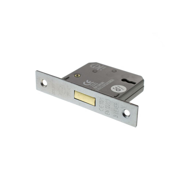 This is an image of Atlantic 3 Lever Key Deadlock [CE] 2.5" - Satin Chrome available to order from T.H Wiggans Architectural Ironmongery in Kendal.