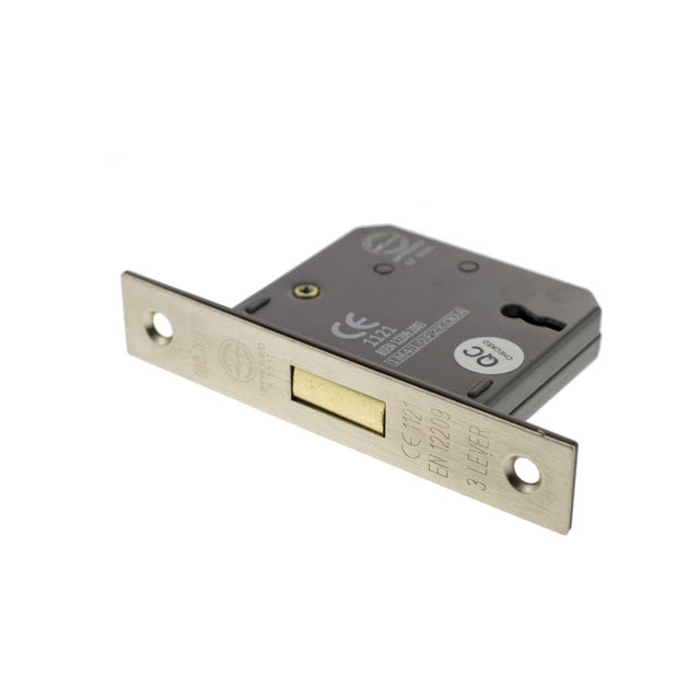 This is an image of Atlantic 3 Lever Key Deadlock [CE] 2.5" - Satin Nickel available to order from T.H Wiggans Architectural Ironmongery in Kendal.