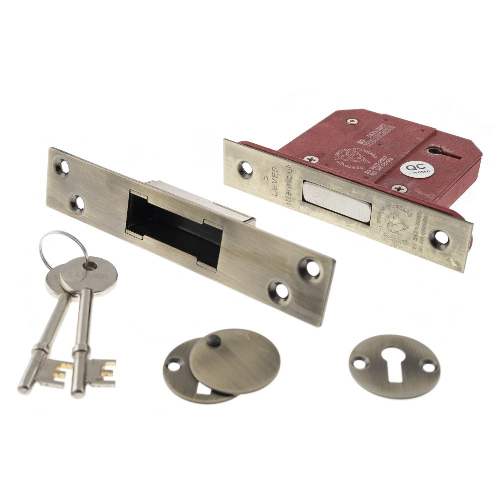 This is an image of Atlantic 5 Lever Key Deadlock [BS] 2.5" - Antique Brass available to order from T.H Wiggans Architectural Ironmongery in Kendal.