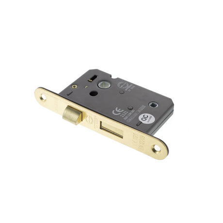 This is an image of Atlantic Radius Corner Bathroom Lock [CE] 2.5" - Polished Brass available to order from T.H Wiggans Architectural Ironmongery in Kendal.