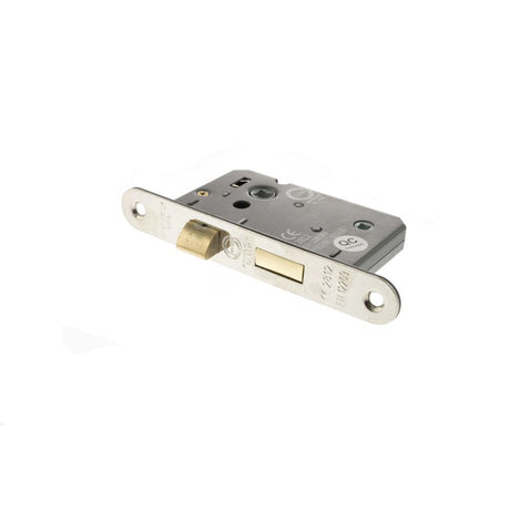 This is an image of Atlantic Radius Corner Bathroom Lock [CE] 2.5" - Polished Nickel available to order from T.H Wiggans Architectural Ironmongery in Kendal.