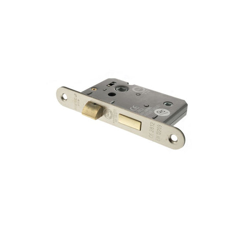 This is an image of Atlantic Radius Corner Bathroom Lock [CE] 2.5" - Satin Nickel available to order from T.H Wiggans Architectural Ironmongery in Kendal.