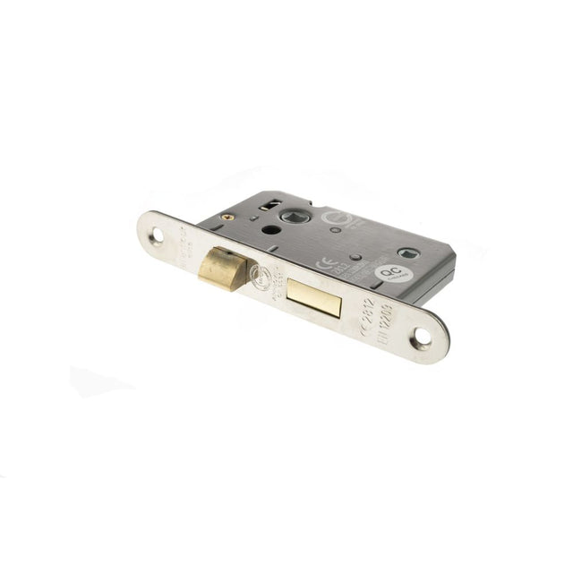 This is an image of Atlantic Radius Corner Bathroom Lock [CE] 3" - Polished Nickel available to order from T.H Wiggans Architectural Ironmongery in Kendal.