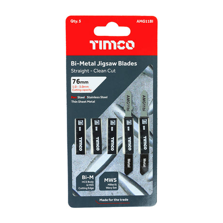This is an image showing TIMCO Jigsaw Blades - Metal Cutting - Bi-Metal Blades - T118AF - 5 Pieces Pack available from T.H Wiggans Ironmongery in Kendal, quick delivery at discounted prices.