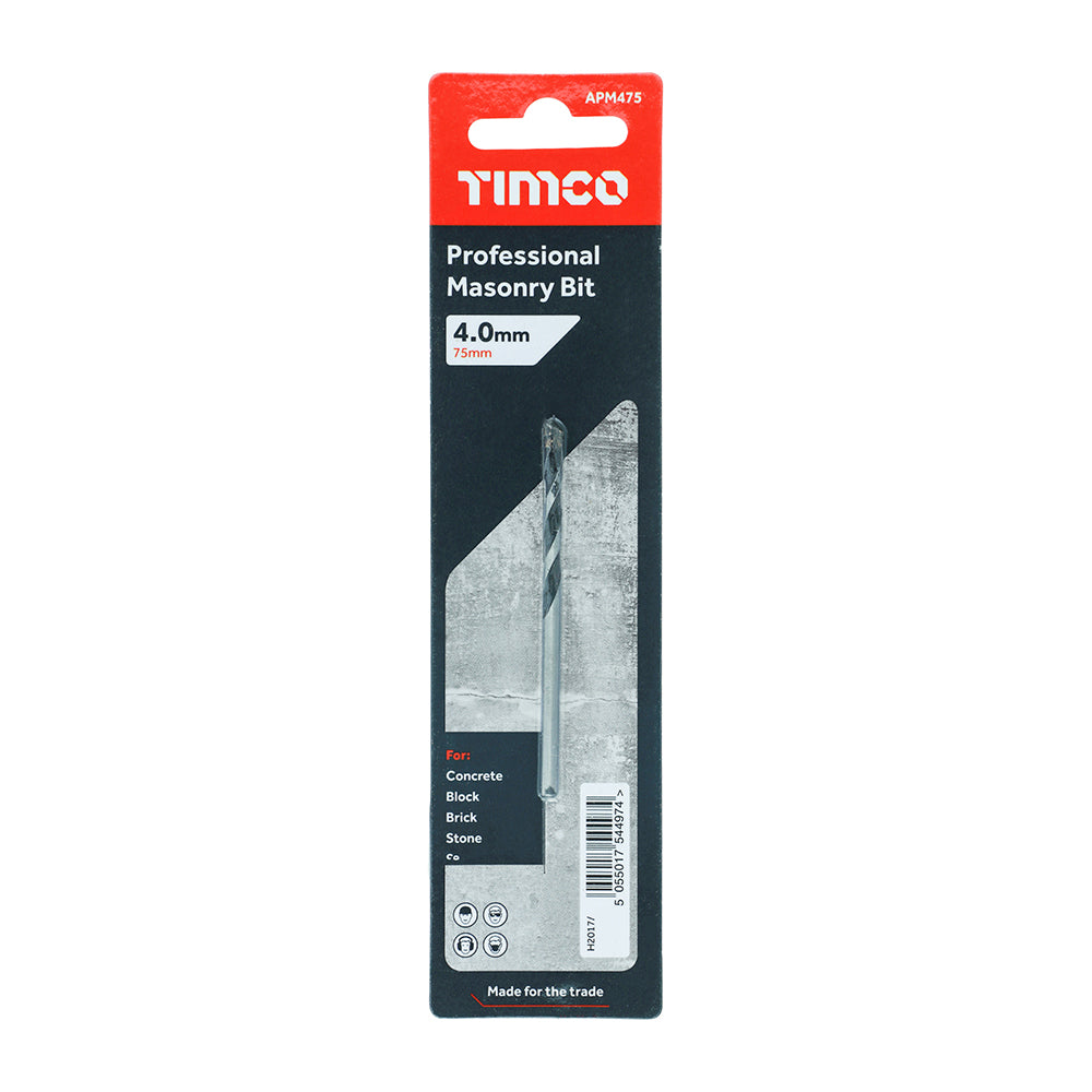 This is an image showing TIMCO Professional Masonry Bit - 4.0 x 75 - 1 Each Blister Pack available from T.H Wiggans Ironmongery in Kendal, quick delivery at discounted prices.